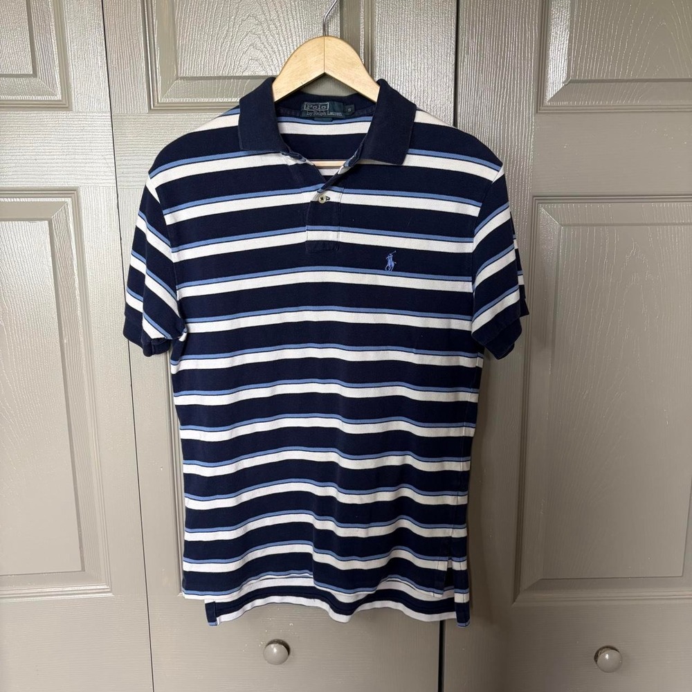 Polo Ralph Lauren Mens Navy Blue Striped Short Sleeve Polo Shirt Size S